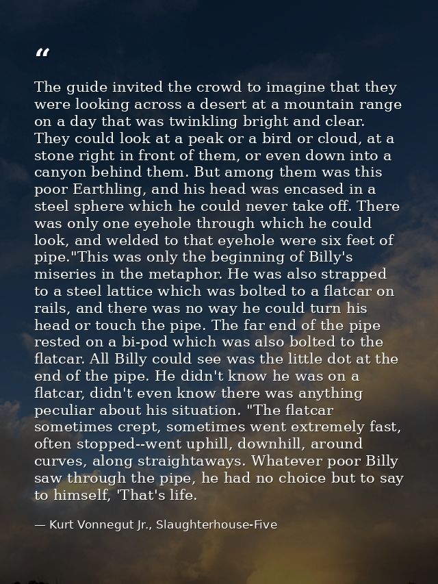 The guide invited the crowd to imagine that they were looking across a desert at a mountain range on a day that was twin — Kurt Vonnegut Jr., Slaughterhouse-Five