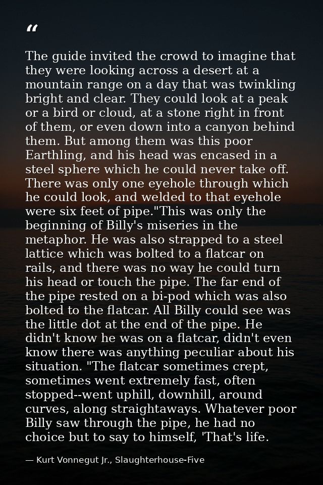 The guide invited the crowd to imagine that they were looking across a desert at a mountain range on a day that was twin — Kurt Vonnegut Jr., Slaughterhouse-Five