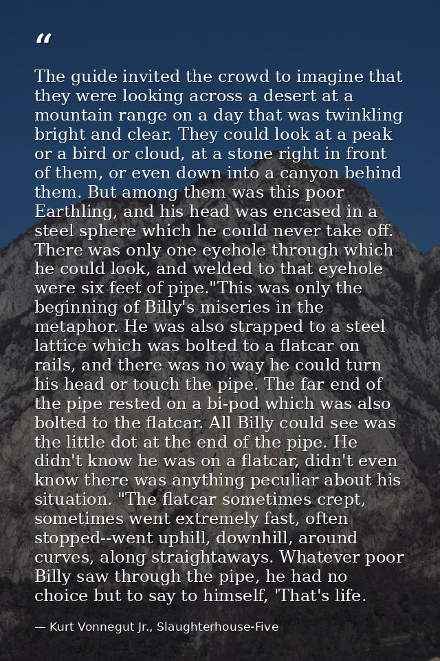 The guide invited the crowd to imagine that they were looking across a desert at a mountain range on a day that was twin — Kurt Vonnegut Jr., Slaughterhouse-Five