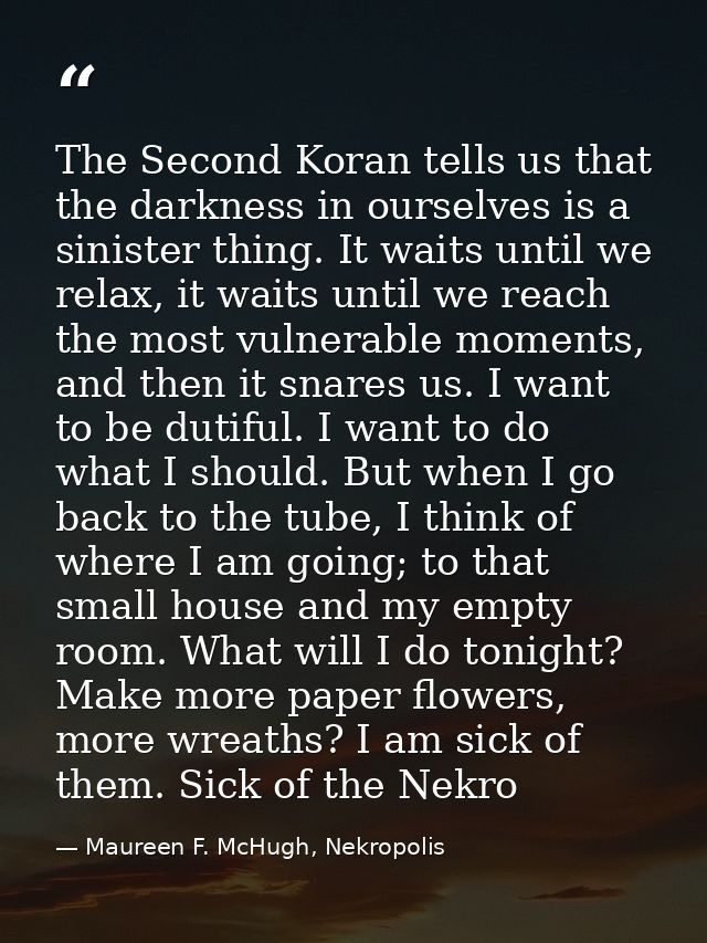 The Second Koran tells us that the darkness in ourselves is a sinister thing. It waits until we relax, it waits until we — Maureen F. McHugh, Nekropolis