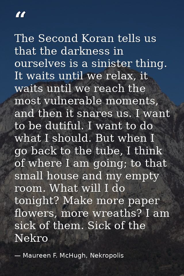 The Second Koran tells us that the darkness in ourselves is a sinister thing. It waits until we relax, it waits until we — Maureen F. McHugh, Nekropolis