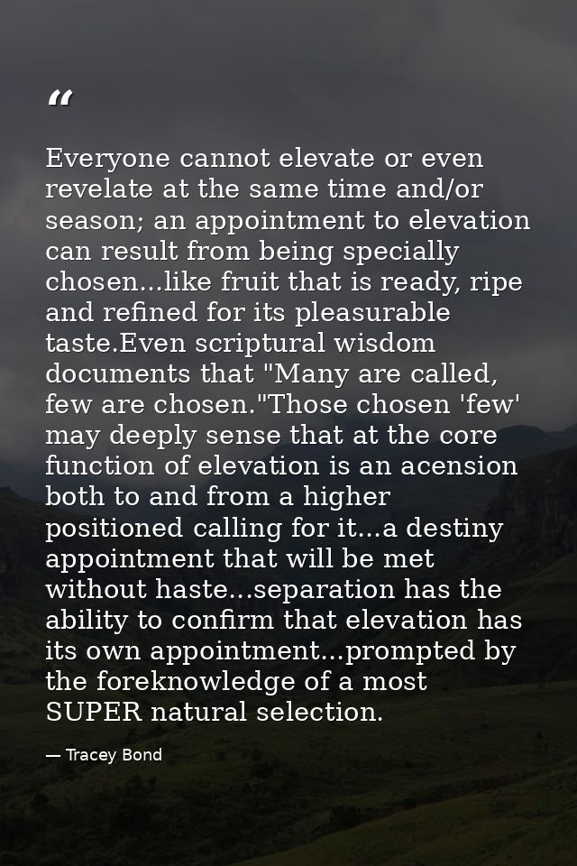 Everyone cannot elevate or even revelate at the same time and/or season; an appointment to elevation can result from bei — Tracey Bond