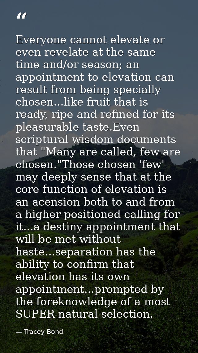 Everyone cannot elevate or even revelate at the same time and/or season; an appointment to elevation can result from bei — Tracey Bond