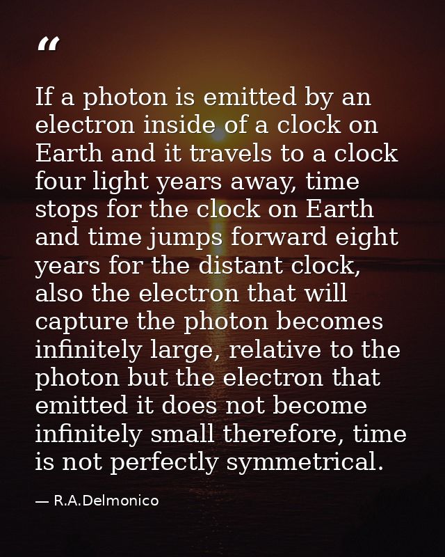 If a photon is emitted by an electron inside of a clock on Earth and it travels to a clock four light years away, time s — R.A.Delmonico
