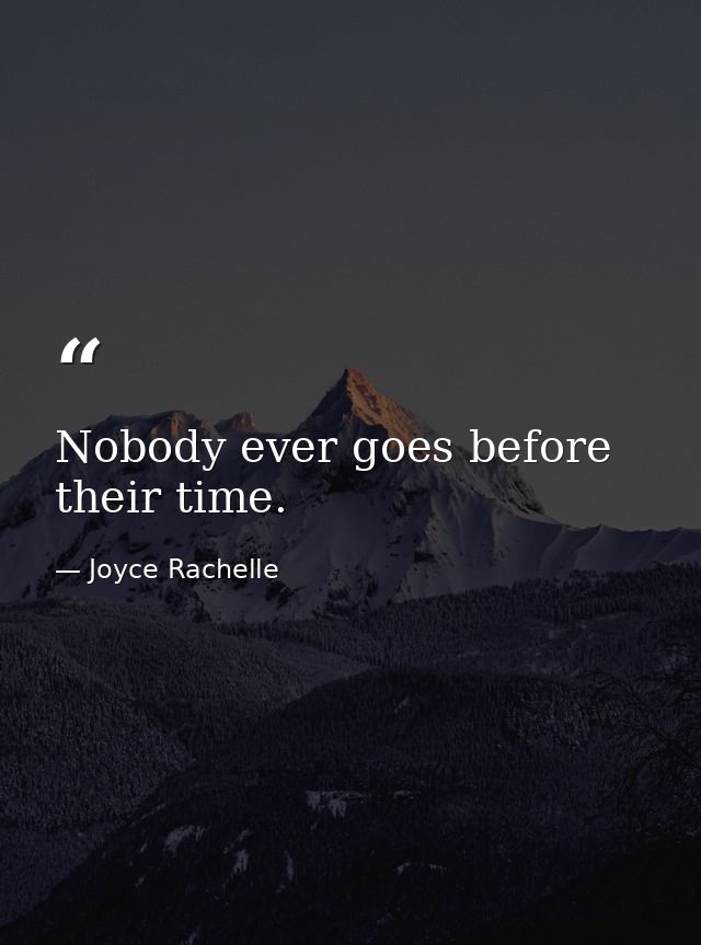 Nobody ever goes before their time. — Joyce Rachelle