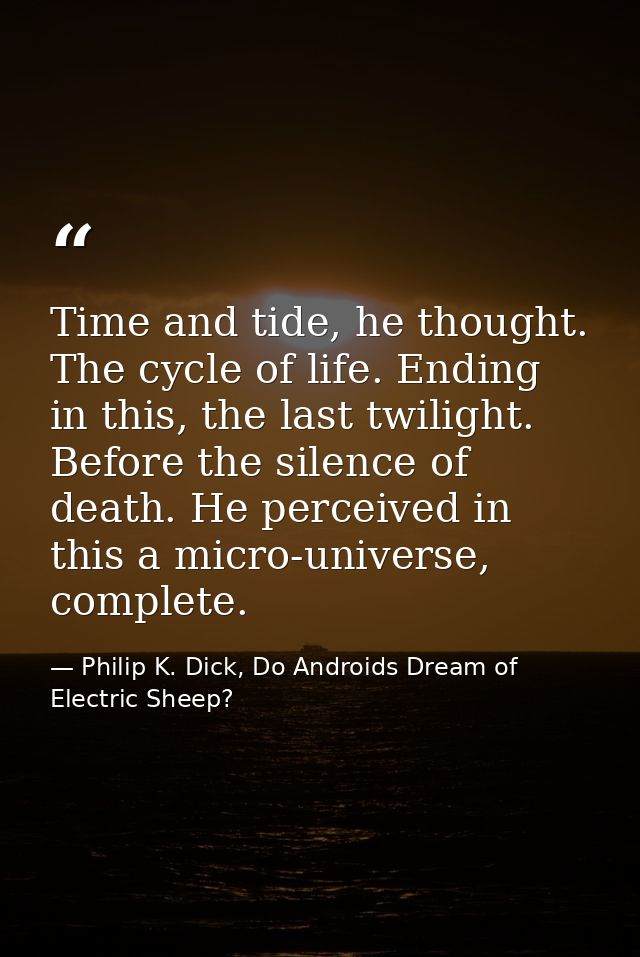 Time and tide, he thought. The cycle of life. Ending in this, the last twilight. Before the silence of death. He perceiv — Philip K. Dick, Do Androids Dream of Electric Sheep?