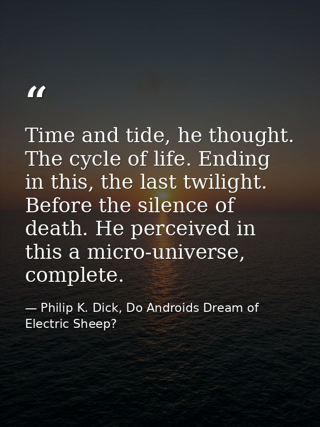 Time and tide, he thought. The cycle of life. Ending in this, the last twilight. Before the silence of death. He perceiv — Philip K. Dick, Do Androids Dream of Electric Sheep?