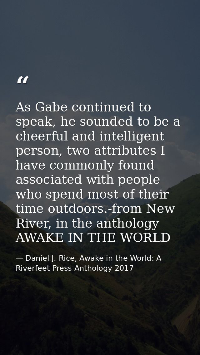 As Gabe continued to speak, he sounded to be a cheerful and intelligent person, two attributes I have commonly found ass — Daniel J. Rice, Awake in the World: A Riverfeet Press Anthology 2017