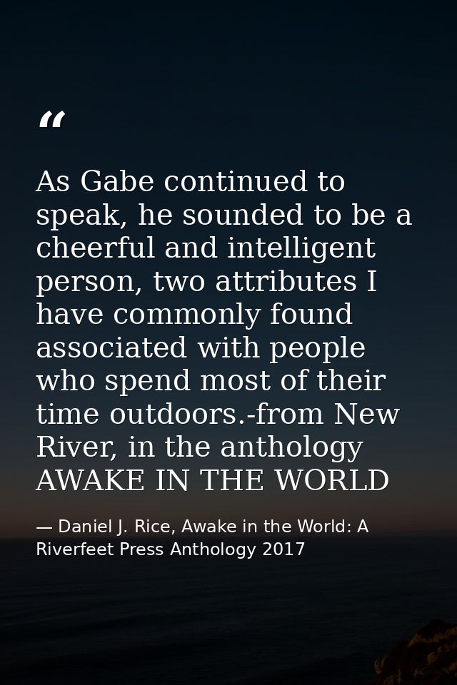As Gabe continued to speak, he sounded to be a cheerful and intelligent person, two attributes I have commonly found ass — Daniel J. Rice, Awake in the World: A Riverfeet Press Anthology 2017