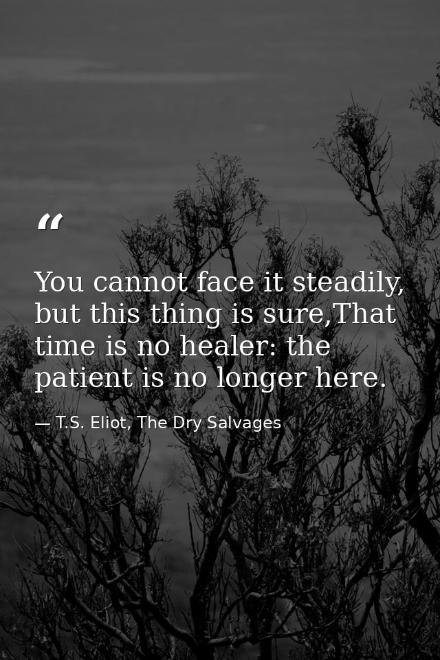 You cannot face it steadily, but this thing is sure,That time is no healer: the patient is no longer here. — T.S. Eliot, The Dry Salvages