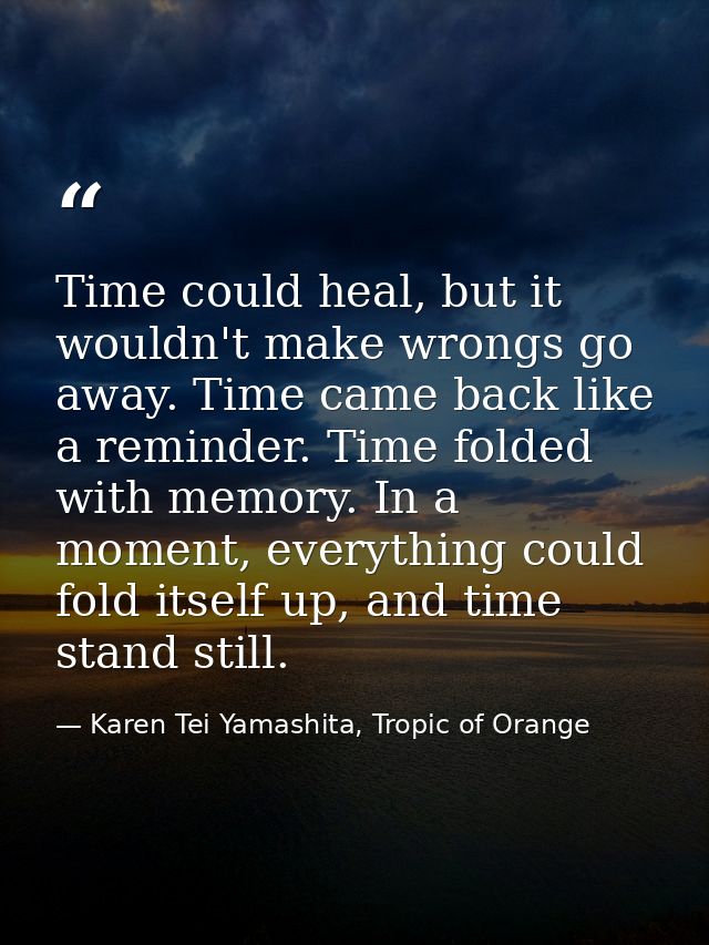 Time could heal, but it wouldn't make wrongs go away. Time came back like a reminder. Time folded with memory. In a mome — Karen Tei Yamashita, Tropic of Orange