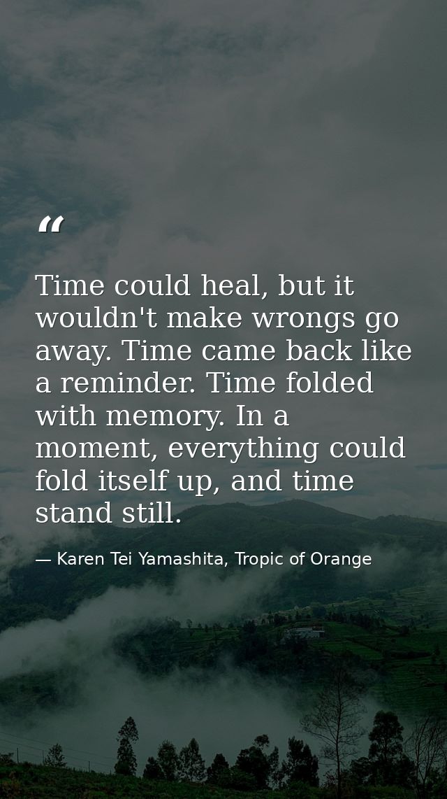 Time could heal, but it wouldn't make wrongs go away. Time came back like a reminder. Time folded with memory. In a mome — Karen Tei Yamashita, Tropic of Orange