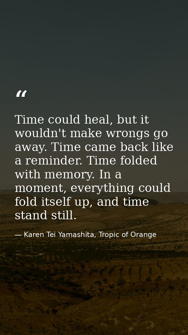Time could heal, but it wouldn't make wrongs go away. Time came back like a reminder. Time folded with memory. In a mome — Karen Tei Yamashita, Tropic of Orange