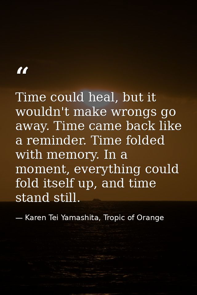 Time could heal, but it wouldn't make wrongs go away. Time came back like a reminder. Time folded with memory. In a mome — Karen Tei Yamashita, Tropic of Orange