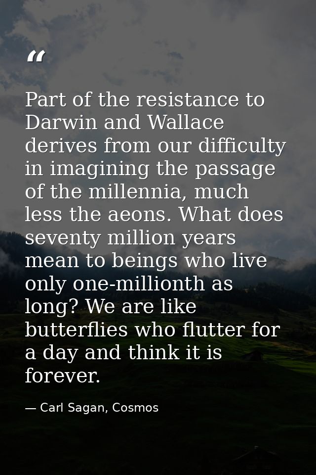 Part of the resistance to Darwin and Wallace derives from our difficulty in imagining the passage of the millennia, much — Carl Sagan, Cosmos