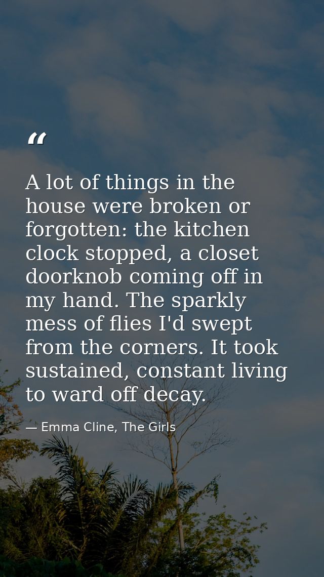 A lot of things in the house were broken or forgotten: the kitchen clock stopped, a closet doorknob coming off in my han — Emma Cline, The Girls