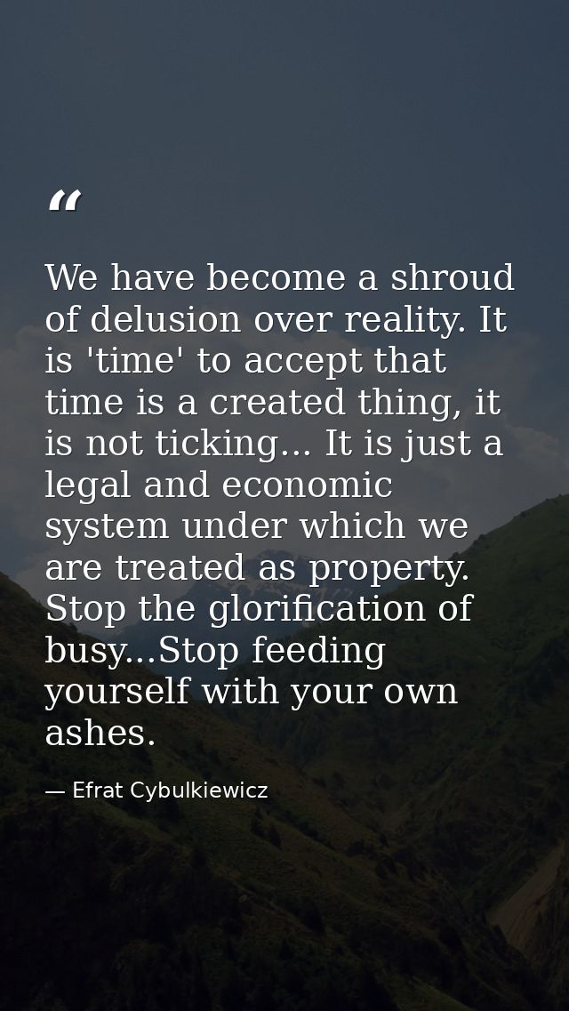We have become a shroud of delusion over reality. It is 'time' to accept that time is a created thing, it is not ticking — Efrat Cybulkiewicz