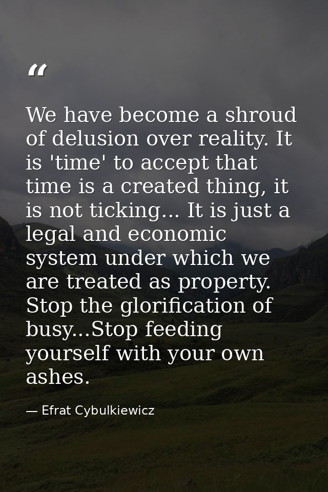 We have become a shroud of delusion over reality. It is 'time' to accept that time is a created thing, it is not ticking — Efrat Cybulkiewicz