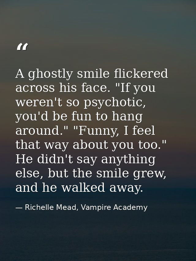 A ghostly smile flickered across his face. "If you weren't so psychotic, you'd be fun to hang around." "Funny, I feel th — Richelle Mead, Vampire Academy