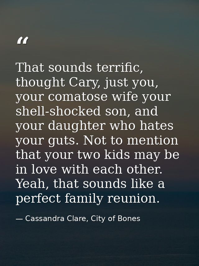 That sounds terrific, thought Cary, just you, your comatose wife your shell-shocked son, and your daughter who hates you — Cassandra Clare, City of Bones