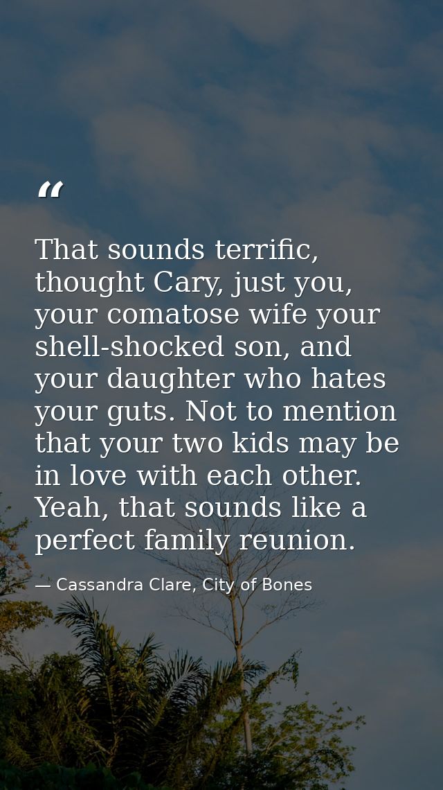 That sounds terrific, thought Cary, just you, your comatose wife your shell-shocked son, and your daughter who hates you — Cassandra Clare, City of Bones