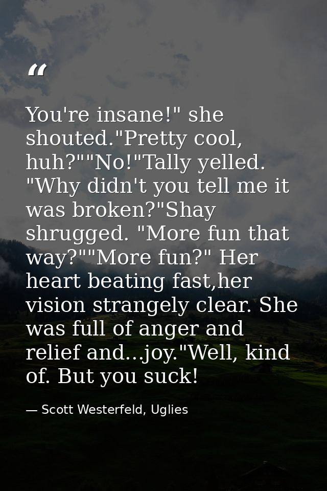 You're insane!" she shouted."Pretty cool, huh?""No!"Tally yelled. "Why didn't you tell me it was broken?"Shay shrugged.  — Scott Westerfeld, Uglies