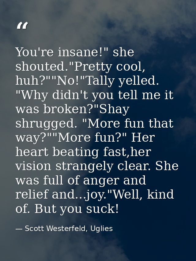 You're insane!" she shouted."Pretty cool, huh?""No!"Tally yelled. "Why didn't you tell me it was broken?"Shay shrugged.  — Scott Westerfeld, Uglies