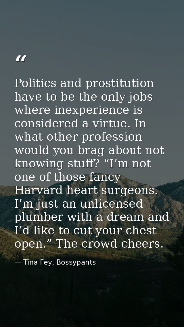 Politics and prostitution have to be the only jobs where inexperience is considered a virtue. In what other profession w — Tina Fey, Bossypants