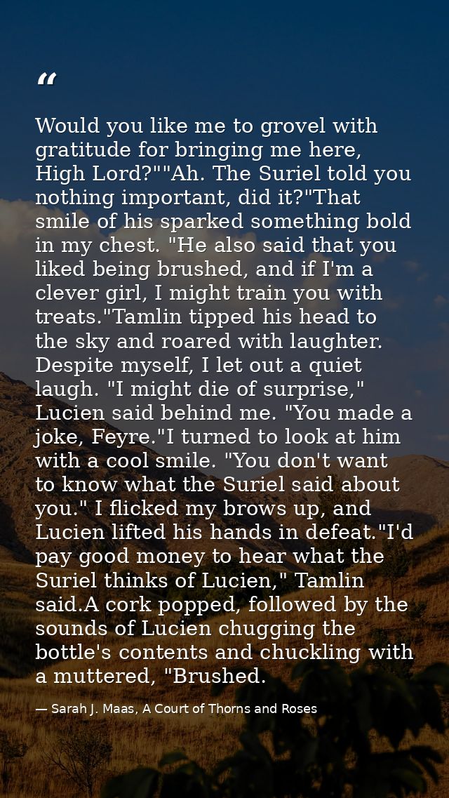 Would you like me to grovel with gratitude for bringing me here, High Lord?""Ah. The Suriel told you nothing important,  — Sarah J. Maas, A Court of Thorns and Roses