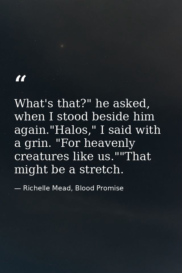 What's that?" he asked, when I stood beside him again."Halos," I said with a grin. "For heavenly creatures like us.""Tha — Richelle Mead, Blood Promise