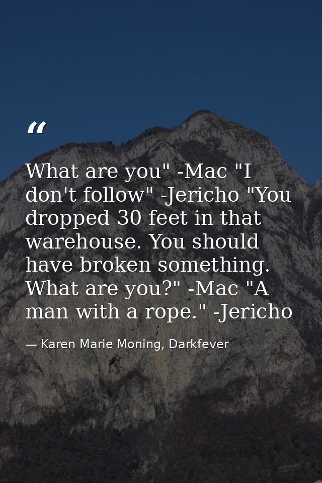 What are you" -Mac "I don't follow" -Jericho "You dropped 30 feet in that warehouse. You should have broken something. W — Karen Marie Moning, Darkfever