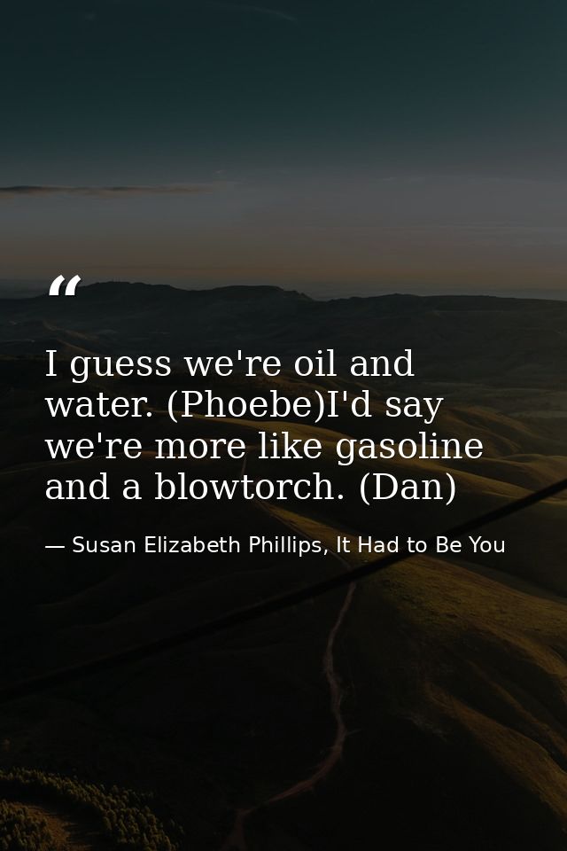 I guess we're oil and water. (Phoebe)I'd say we're more like gasoline and a blowtorch. (Dan) — Susan Elizabeth Phillips, It Had to Be You
