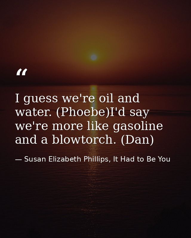 I guess we're oil and water. (Phoebe)I'd say we're more like gasoline and a blowtorch. (Dan) — Susan Elizabeth Phillips, It Had to Be You