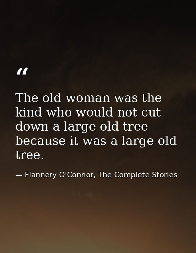 The old woman was the kind who would not cut down a large old tree because it was a large old tree. — Flannery O'Connor, The Complete Stories