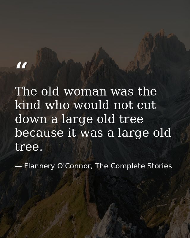 The old woman was the kind who would not cut down a large old tree because it was a large old tree. — Flannery O'Connor, The Complete Stories