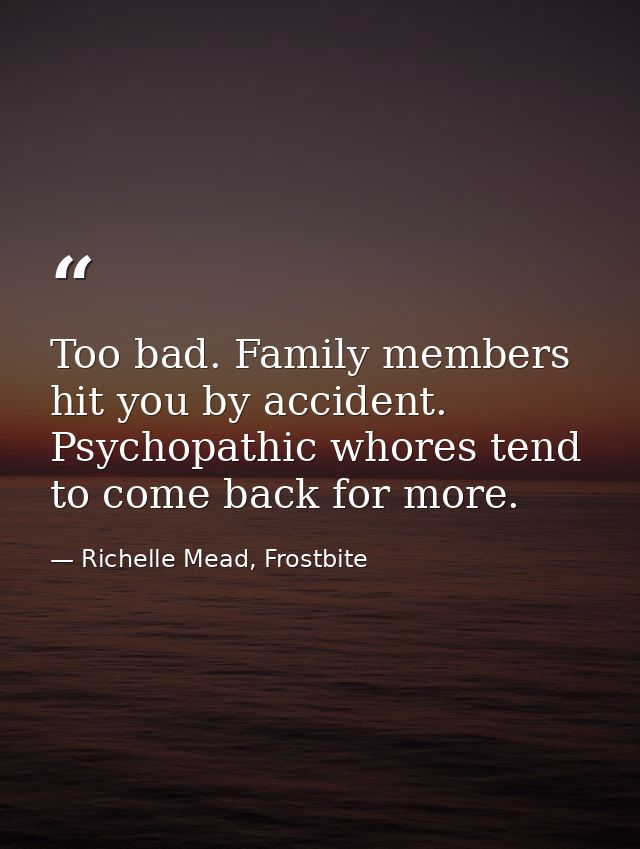 Too bad. Family members hit you by accident. Psychopathic whores tend to come back for more. — Richelle Mead, Frostbite