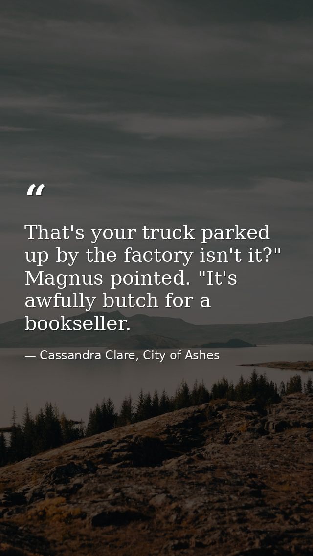 That's your truck parked up by the factory isn't it?" Magnus pointed. "It's awfully butch for a bookseller. — Cassandra Clare, City of Ashes