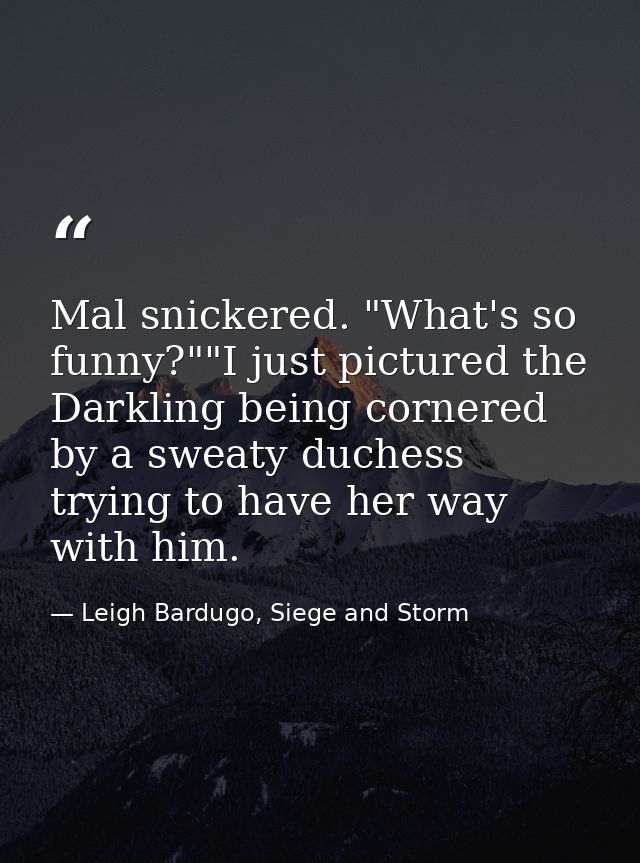 Mal snickered. "What's so funny?""I just pictured the Darkling being cornered by a sweaty duchess trying to have her way — Leigh Bardugo, Siege and Storm