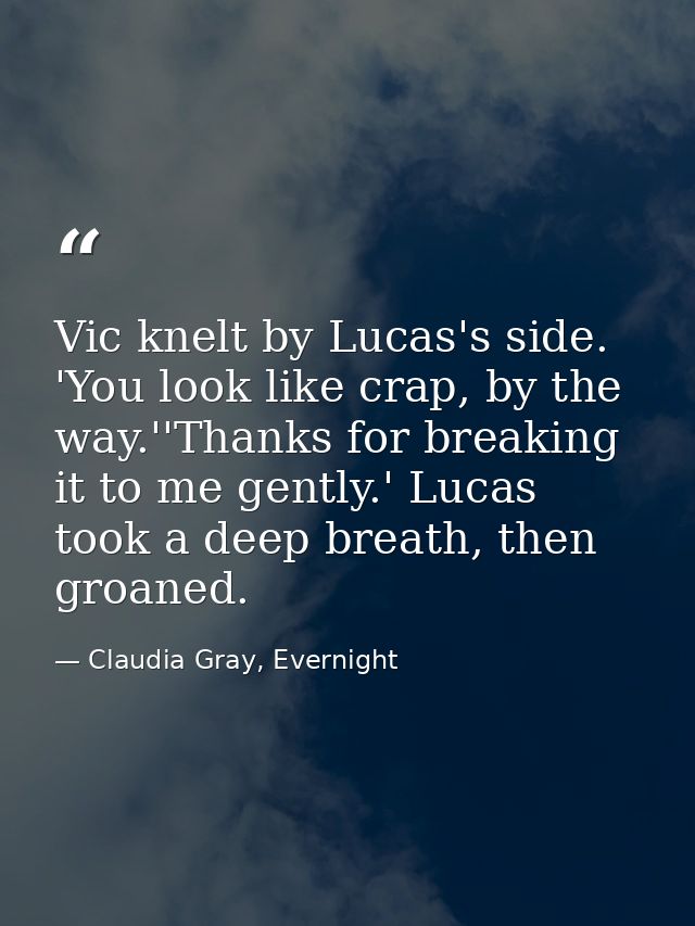 Vic knelt by Lucas's side. 'You look like crap, by the way.''Thanks for breaking it to me gently.' Lucas took a deep bre — Claudia Gray, Evernight