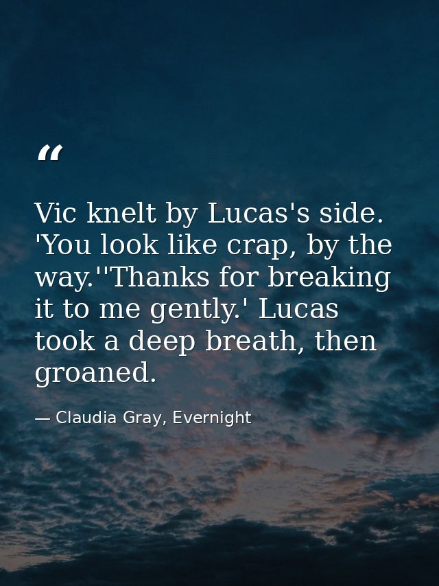 Vic knelt by Lucas's side. 'You look like crap, by the way.''Thanks for breaking it to me gently.' Lucas took a deep bre — Claudia Gray, Evernight