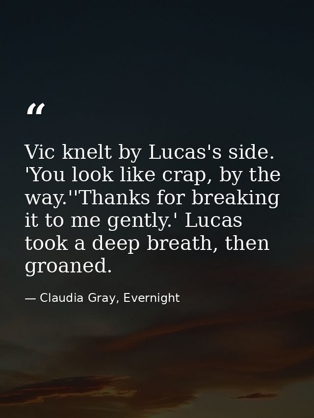 Vic knelt by Lucas's side. 'You look like crap, by the way.''Thanks for breaking it to me gently.' Lucas took a deep bre — Claudia Gray, Evernight