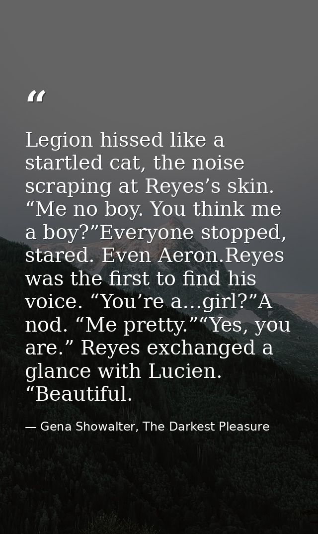 Legion hissed like a startled cat, the noise scraping at Reyes’s skin. “Me no boy. You think me a boy?”Everyone stopped, — Gena Showalter, The Darkest Pleasure