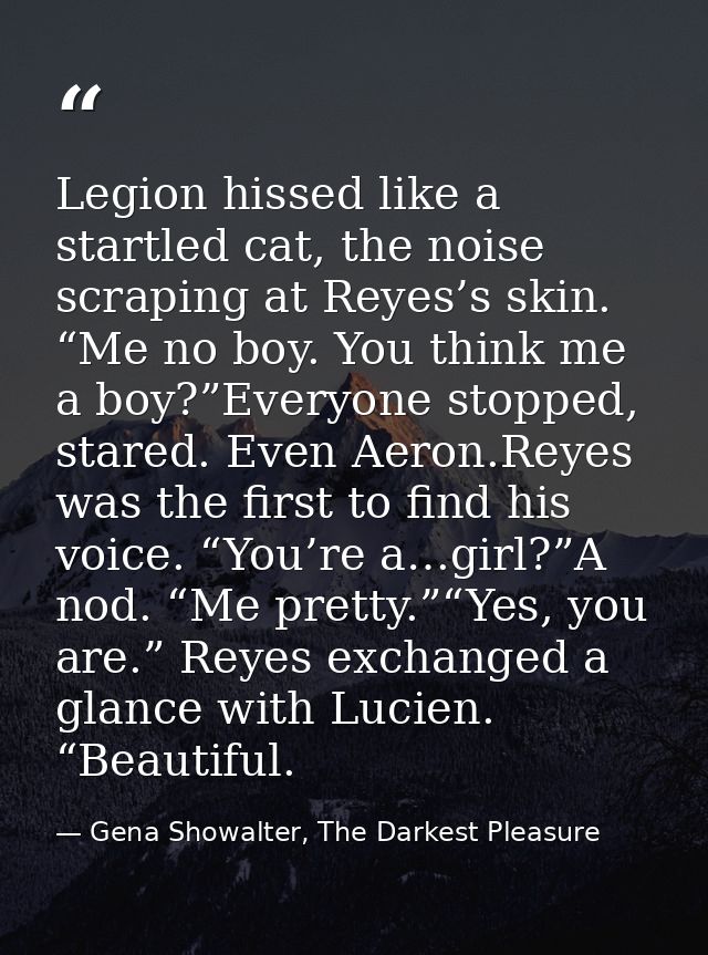 Legion hissed like a startled cat, the noise scraping at Reyes’s skin. “Me no boy. You think me a boy?”Everyone stopped, — Gena Showalter, The Darkest Pleasure