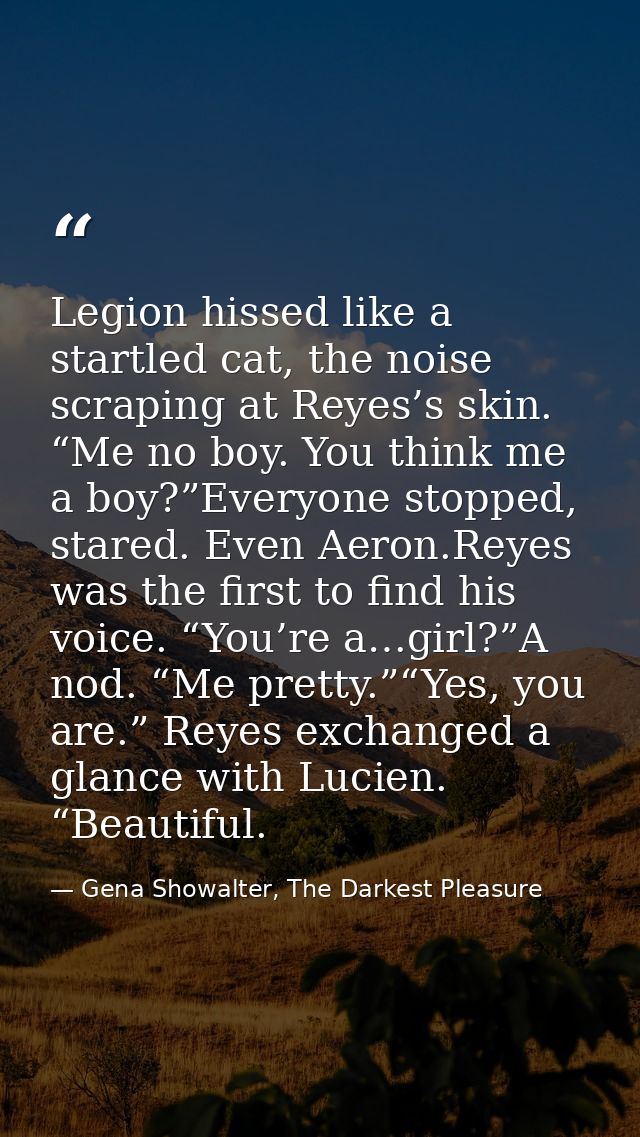 Legion hissed like a startled cat, the noise scraping at Reyes’s skin. “Me no boy. You think me a boy?”Everyone stopped, — Gena Showalter, The Darkest Pleasure