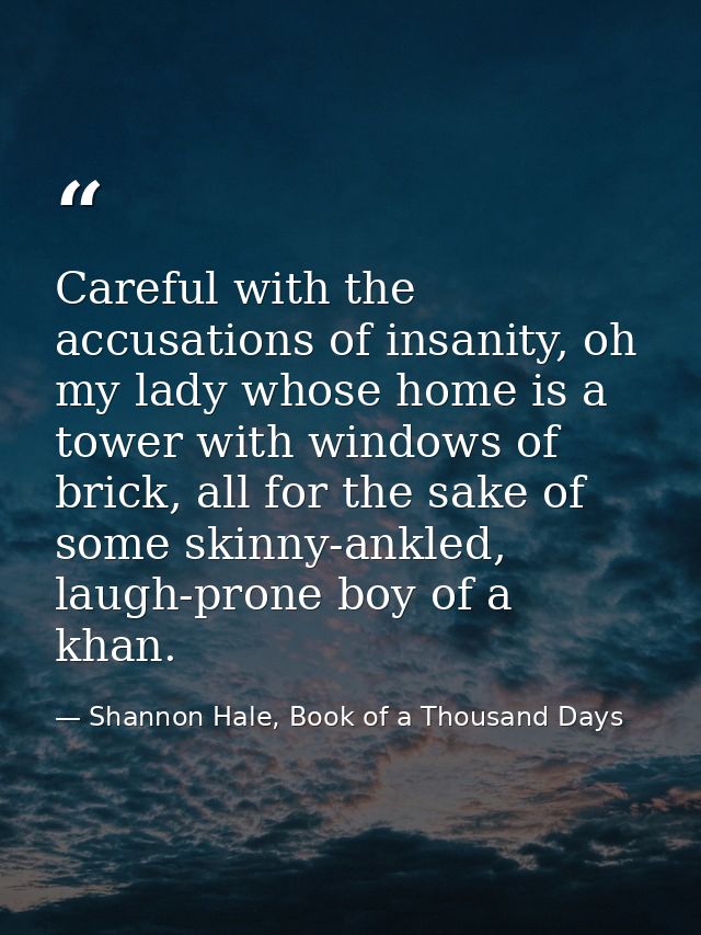 Careful with the accusations of insanity, oh my lady whose home is a tower with windows of brick, all for the sake of so — Shannon Hale, Book of a Thousand Days
