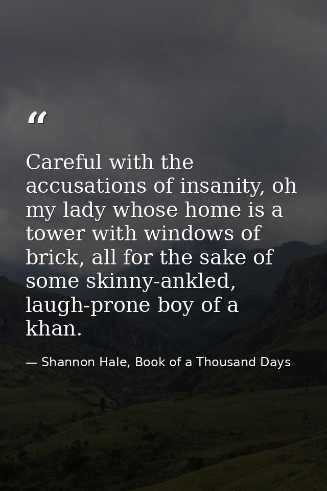 Careful with the accusations of insanity, oh my lady whose home is a tower with windows of brick, all for the sake of so — Shannon Hale, Book of a Thousand Days