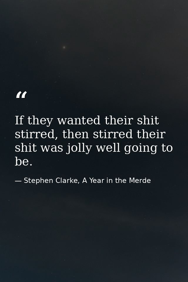 If they wanted their shit stirred, then stirred their shit was jolly well going to be. — Stephen Clarke, A Year in the Merde
