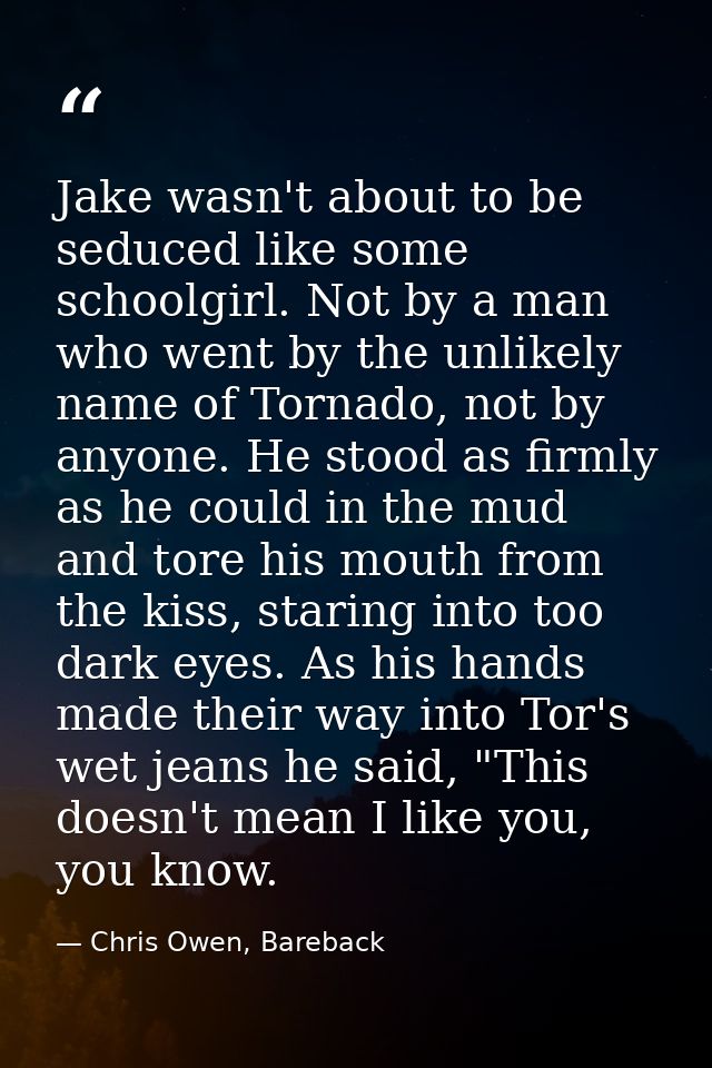Jake wasn't about to be seduced like some schoolgirl. Not by a man who went by the unlikely name of Tornado, not by anyo — Chris Owen, Bareback