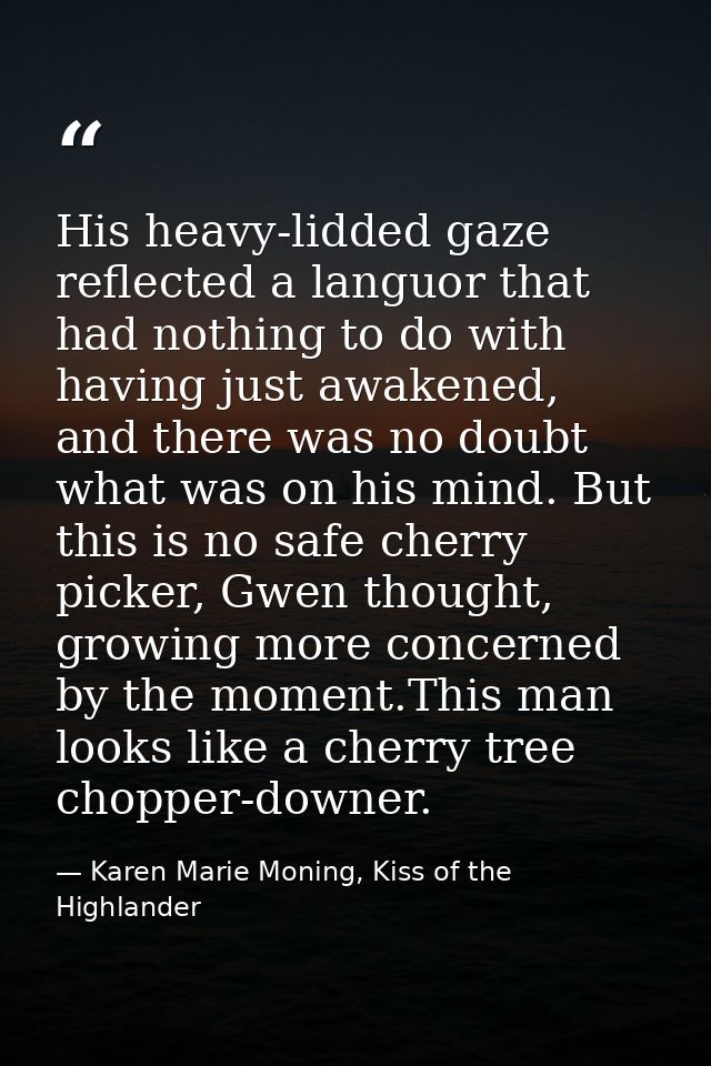 His heavy-lidded gaze reflected a languor that had nothing to do with having just awakened, and there was no doubt what  — Karen Marie Moning, Kiss of the Highlander