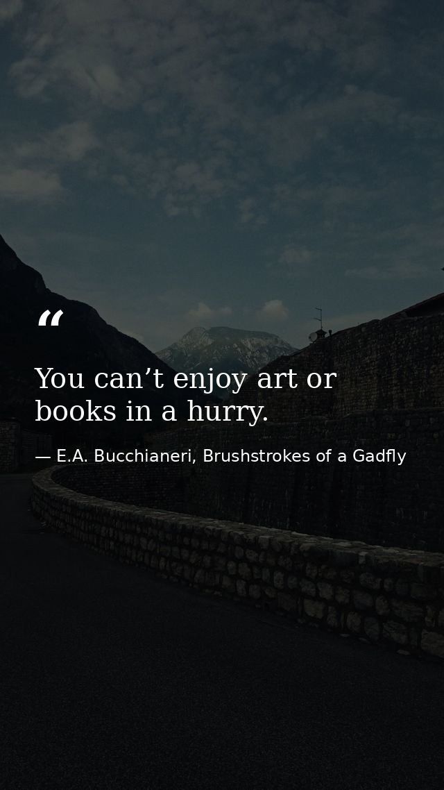 You can’t enjoy art or books in a hurry. — E.A. Bucchianeri, Brushstrokes of a Gadfly